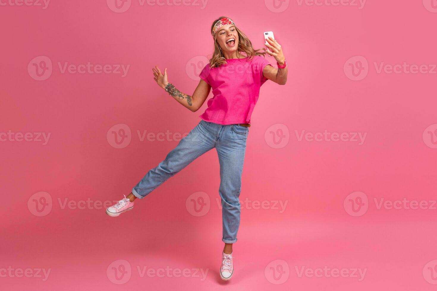 pretty cute smiling woman in pink shirt boho hippie style accessories smiling photo