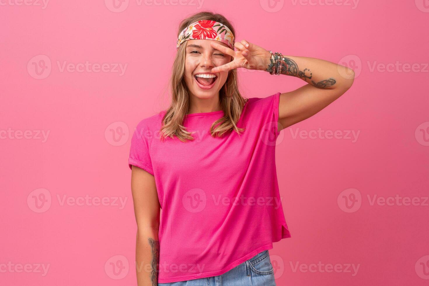 pretty cute smiling woman in pink shirt boho hippie style accessories smiling photo