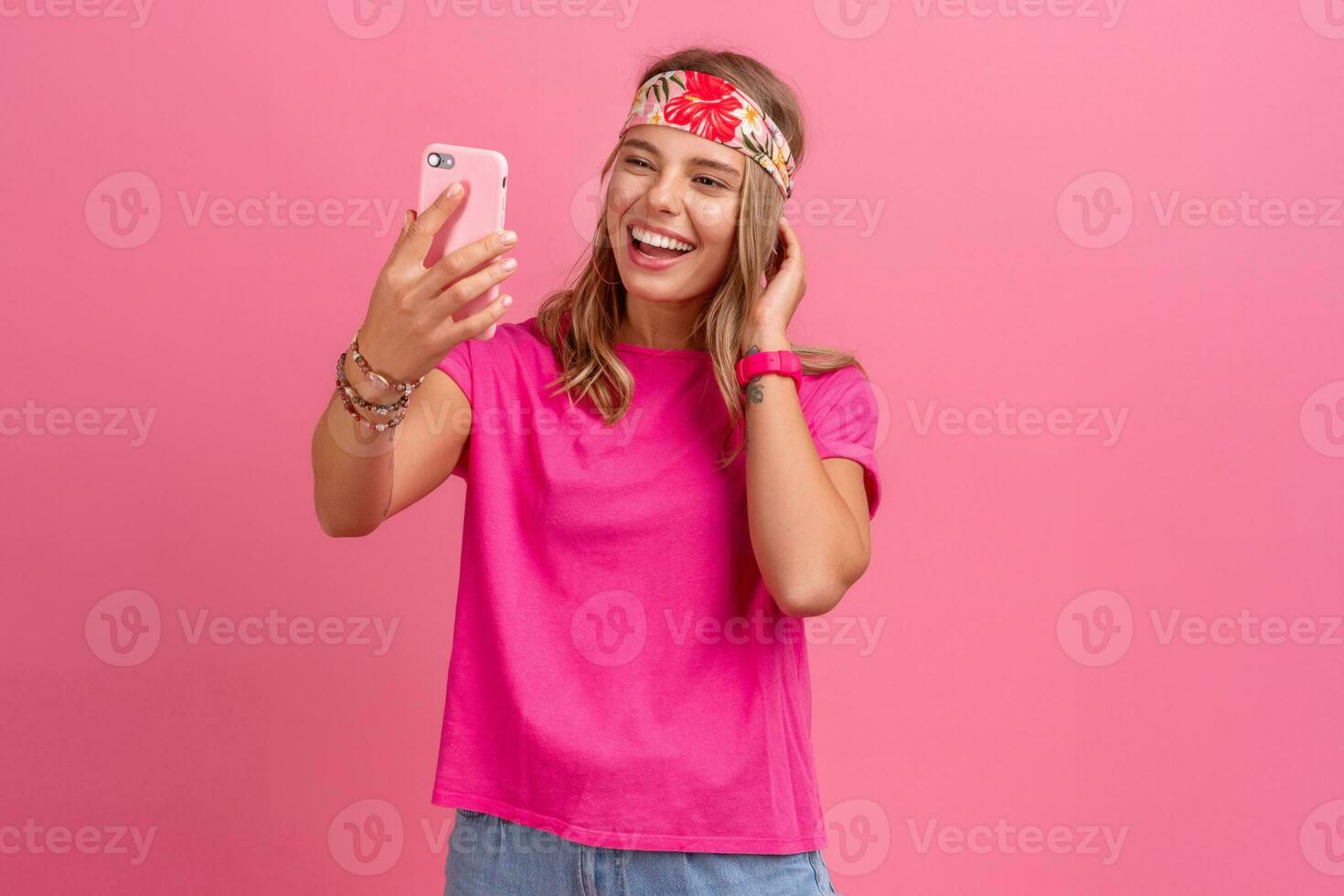 pretty cute smiling woman in pink shirt boho hippie style accessories smiling photo