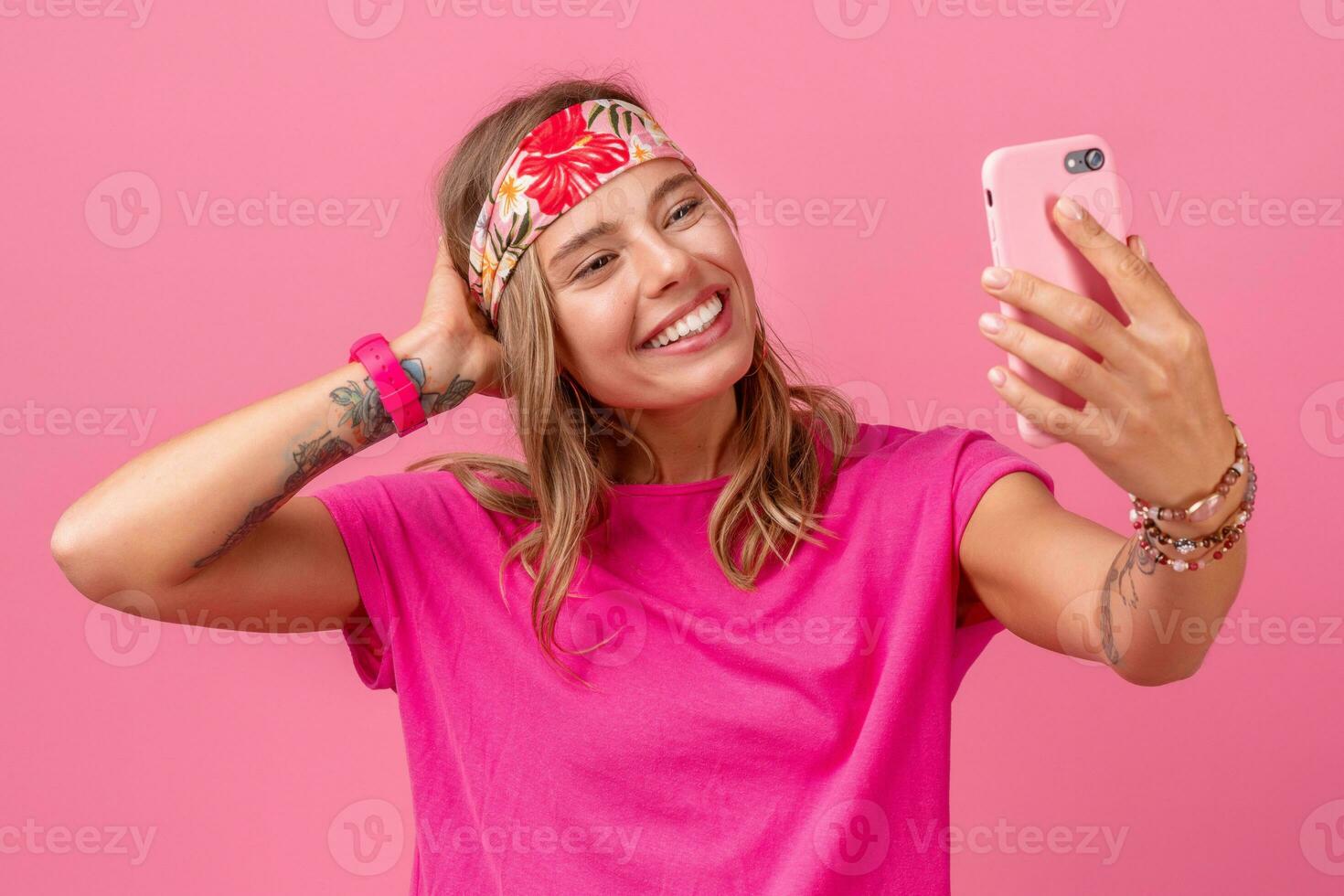 pretty cute smiling woman in pink shirt boho hippie style accessories smiling photo