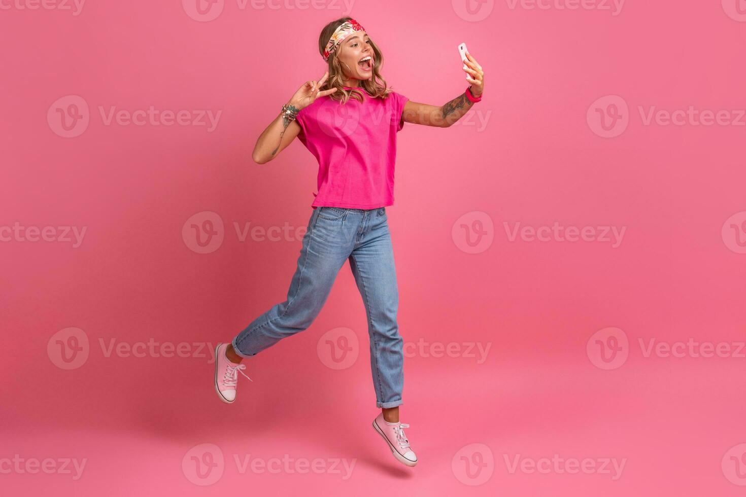 pretty cute smiling woman in pink shirt boho hippie style accessories smiling photo