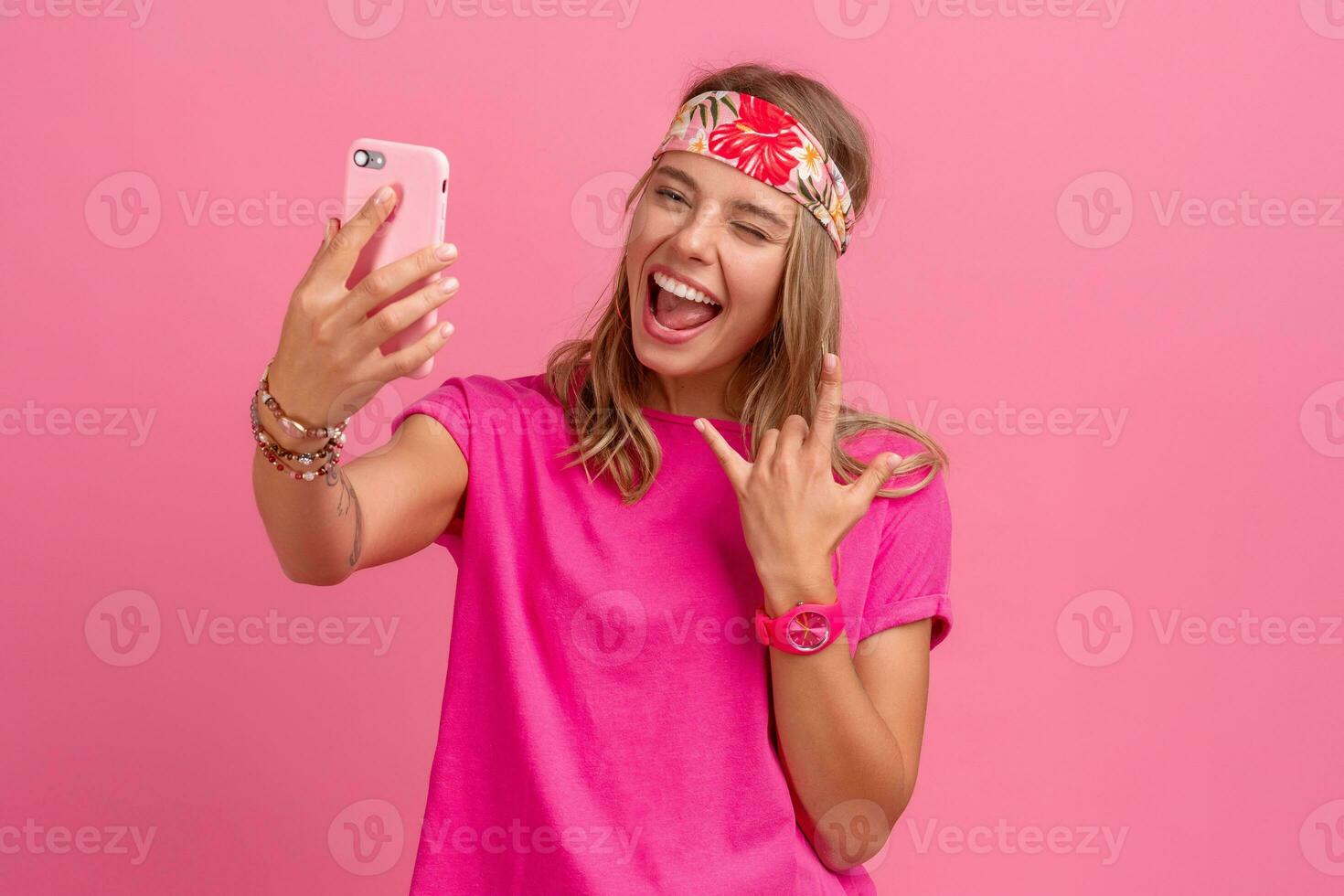 pretty cute smiling woman in pink shirt boho hippie style accessories smiling photo