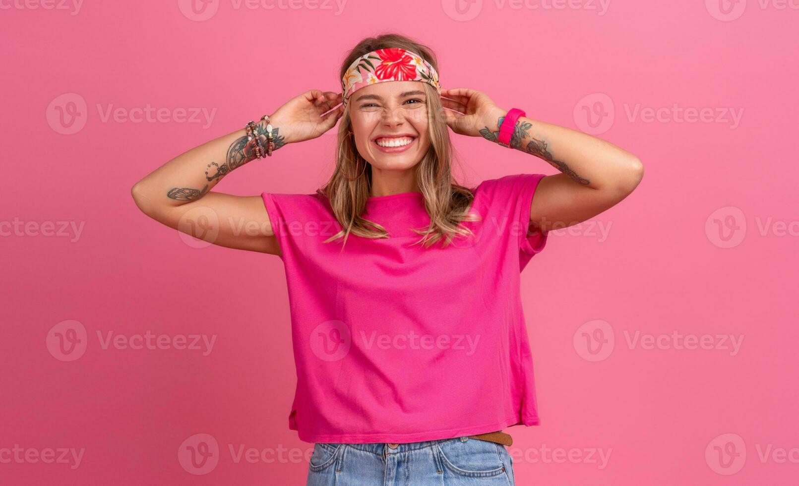 pretty cute smiling woman in pink shirt boho hippie style accessories smiling photo