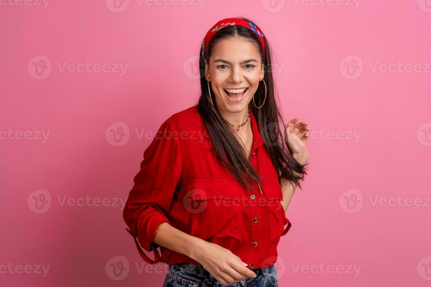 hispanic beautiful woman in red shirt photo