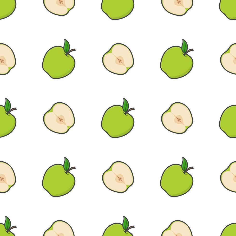 Green Apple Fruit Seamless Pattern On A White Background. Fresh Apple Vector Illustration