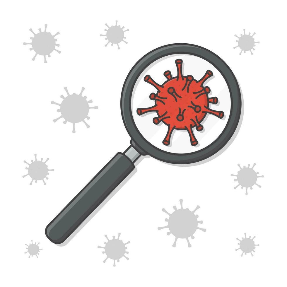 virus investigando debajo aumentador vaso vector icono ilustración. lupa terminado coronavirus molécula plano icono