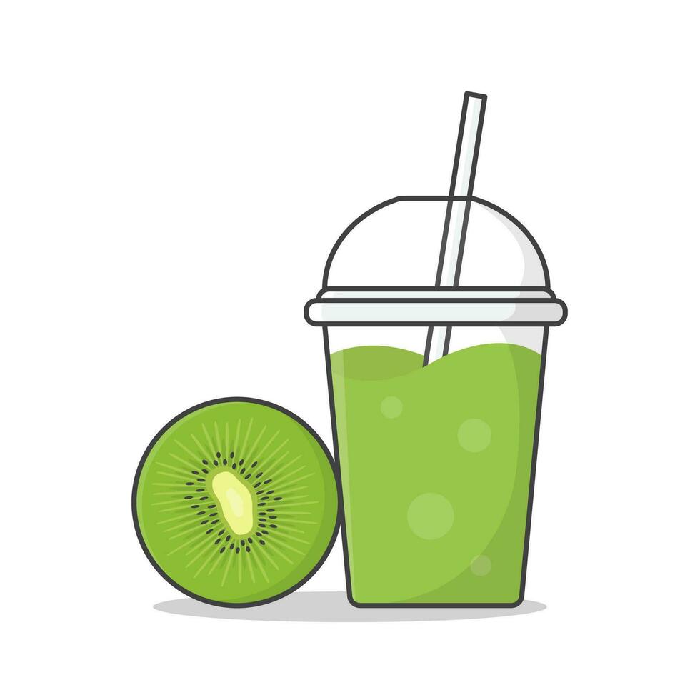 Kiwi Fruit Juice Or Milkshake In Takeaway Plastic Cup Vector Icon Illustration. Cold Drinks In Plastic Cups With Ice Flat Icon