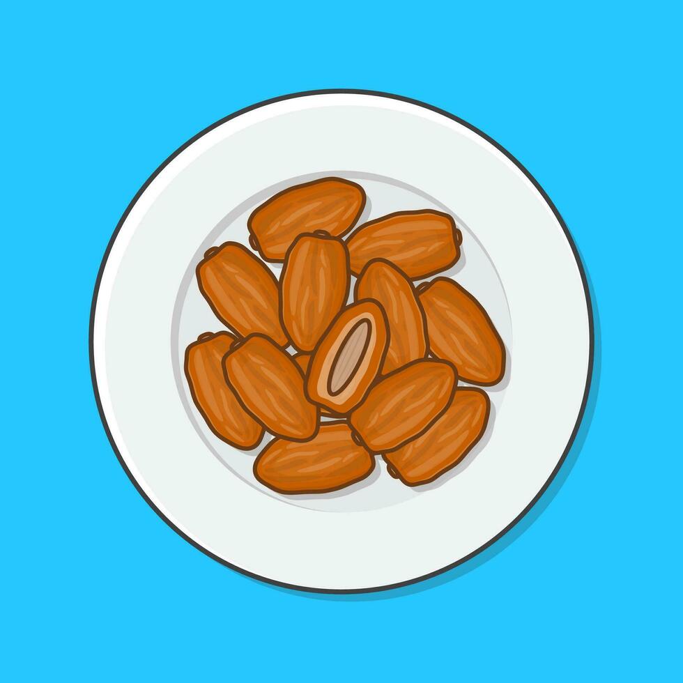 Dates Fruit Ramadan On A Plate Vector Icon Illustration. Dried Fruit Flat Icon
