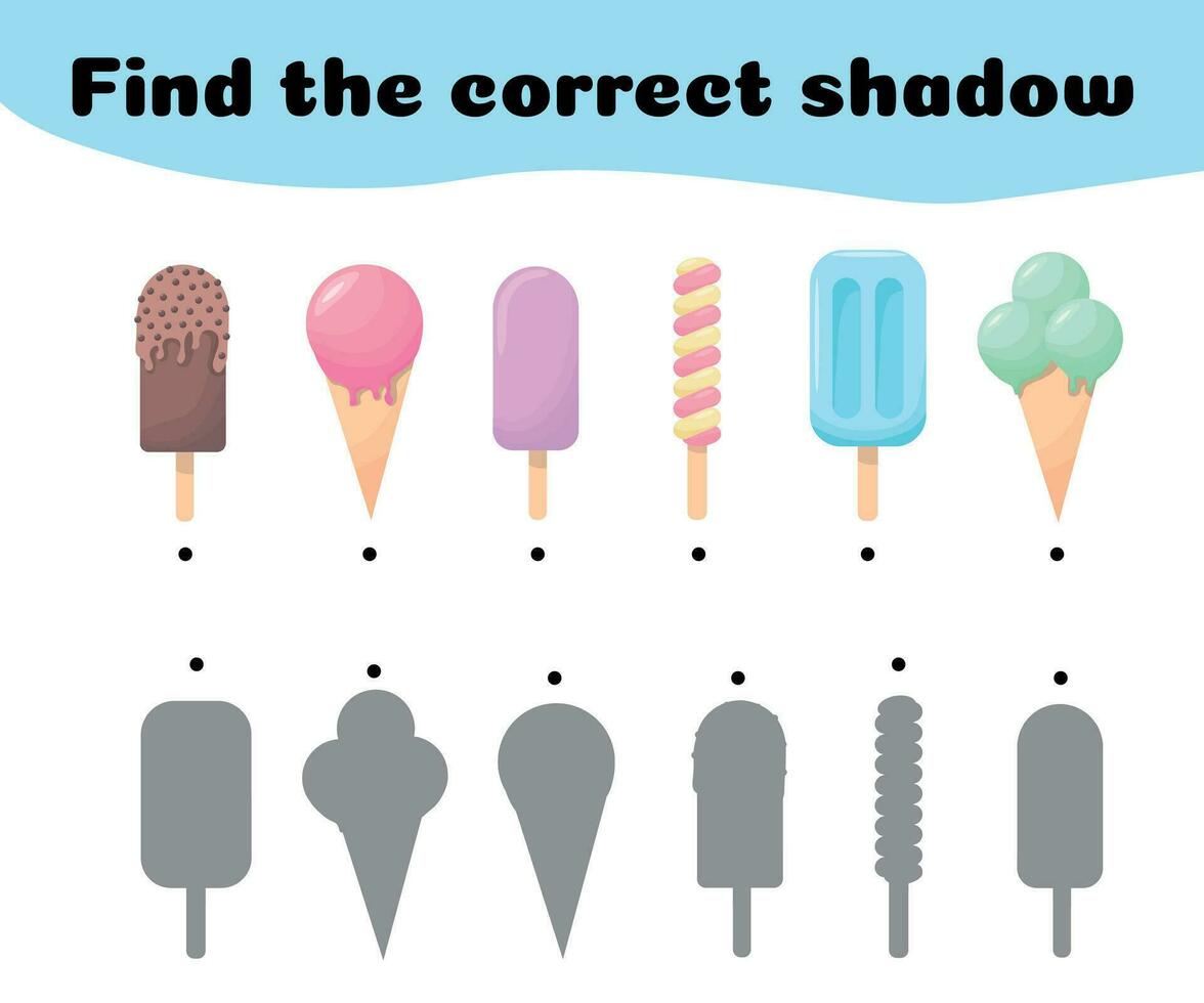 Find the correct shadows of ice cream. Children's educational game. The ice cream was given a game to find the right shade. Vector illustration