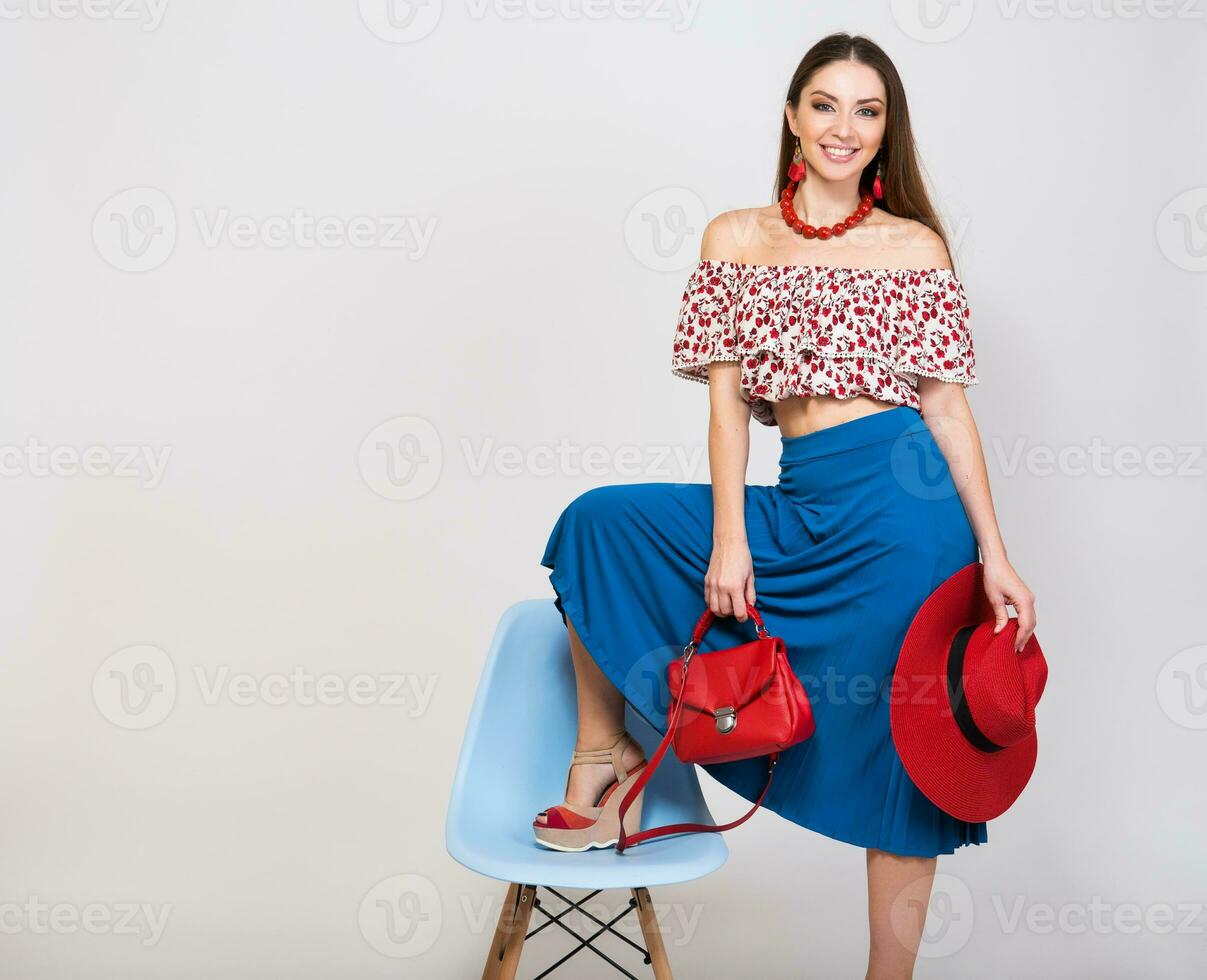 stylish woman in summer outfit isolated posing in fashion trend isolated photo