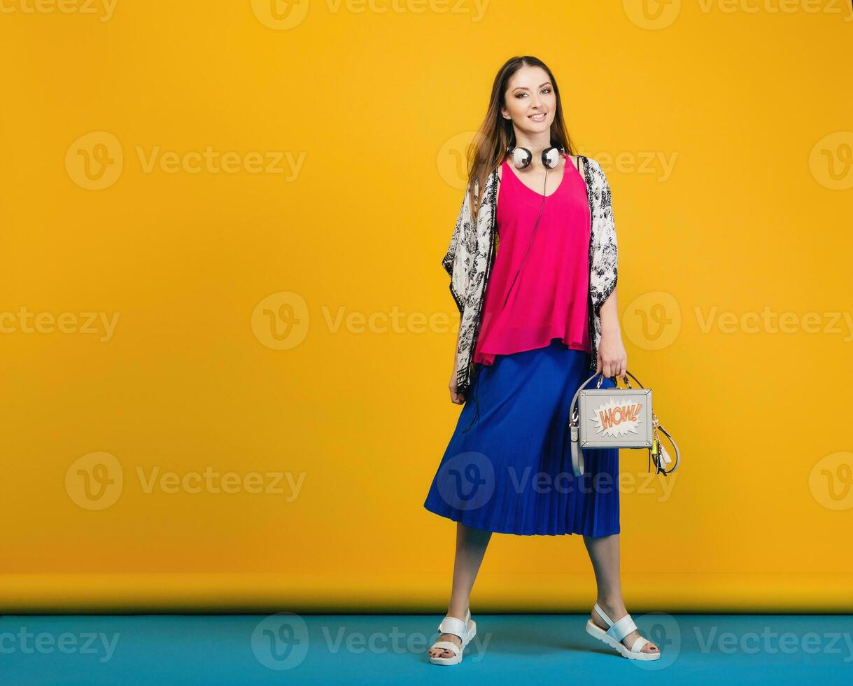 woman posing in stylish summer fashion and bag colorful mood photo