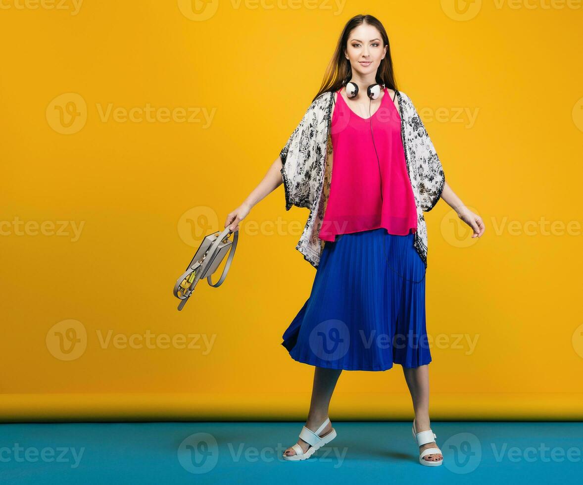 woman posing in stylish summer fashion and bag colorful mood photo