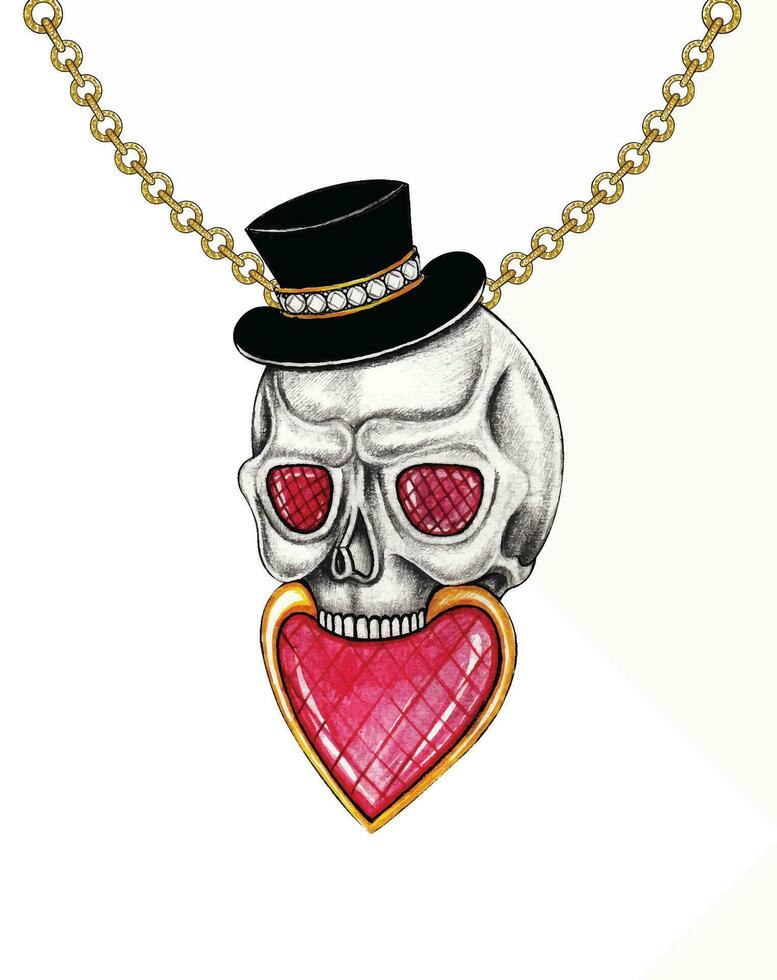 Jewelry design heart mix fancy skull necklace hand drawing and painting make graphic vector. vector