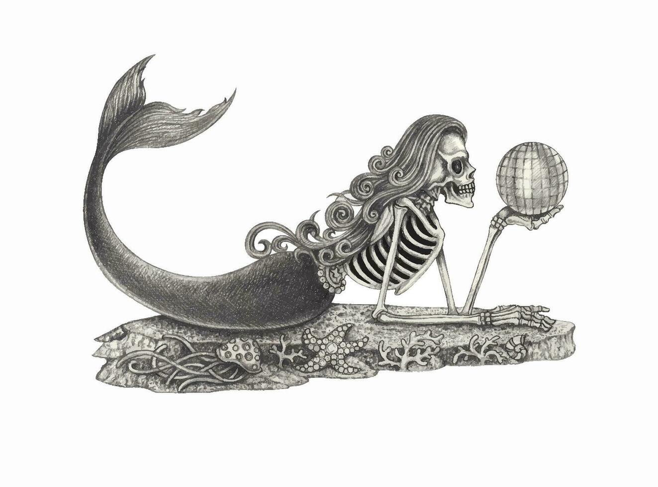Mermaid skull hand drawing and make graphic vector. vector
