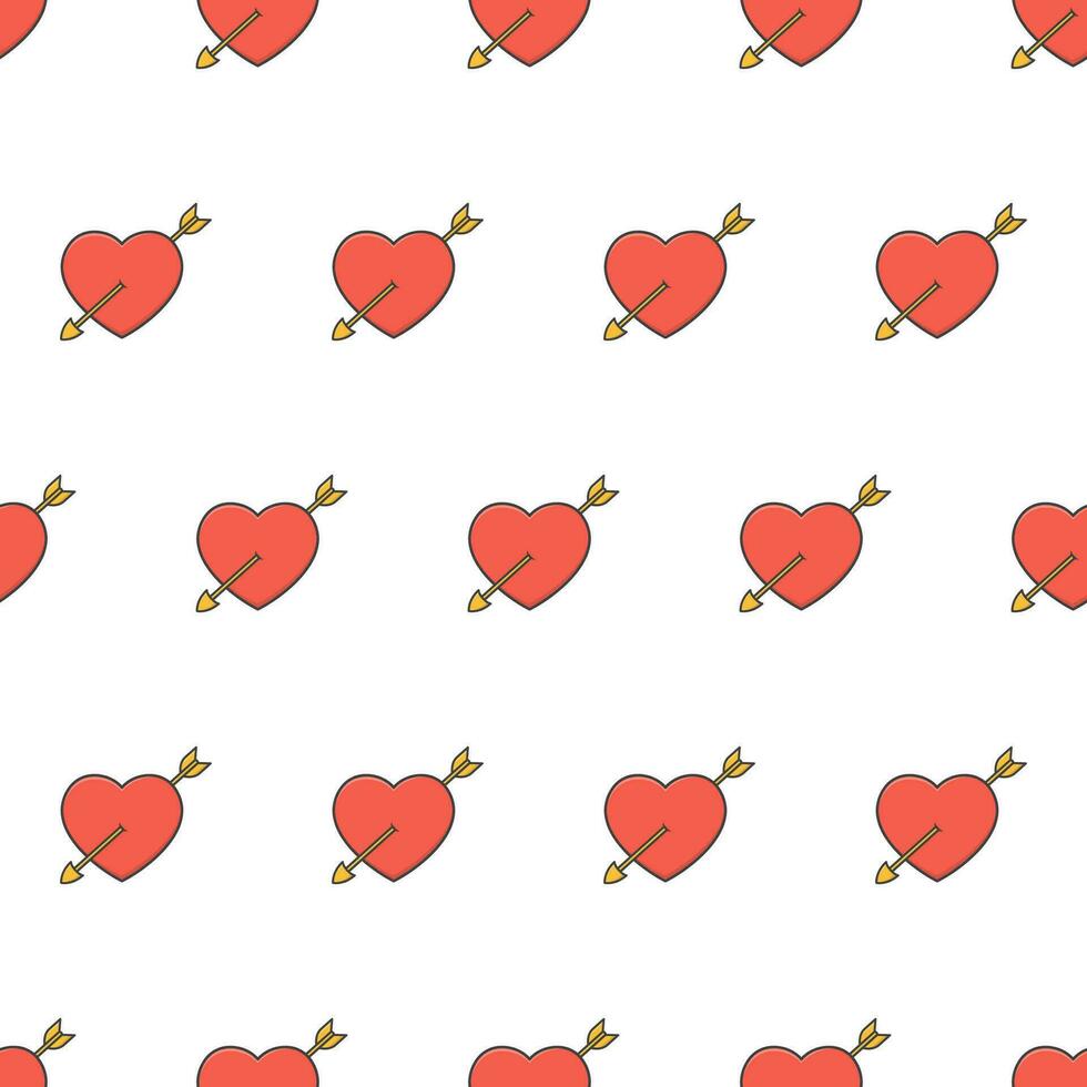Love Heart Pierced By An Arrow Seamless Pattern On A White Background. Red Heart Theme Vector Illustration