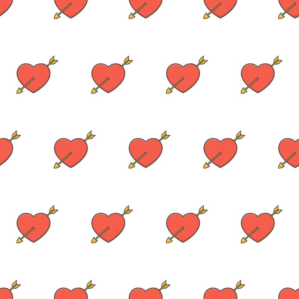 Love Heart Pierced By An Arrow Seamless Pattern On A White Background. Red Heart Theme Vector Illustration