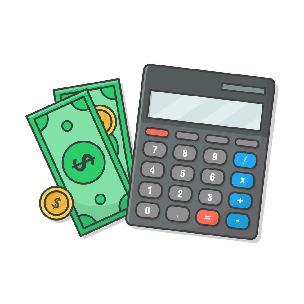 calculadora con dinero y monedas vector icono ilustración. dinero administración plano icono