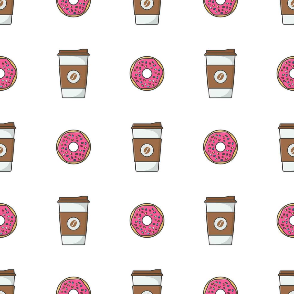 café taza y rosquilla sin costura modelo en un blanco antecedentes. tener un descanso tema vector ilustración