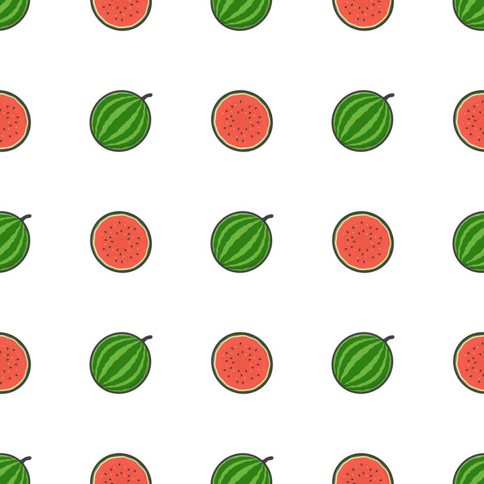 Watermelon Fruit Seamless Pattern On A White Background. Fresh Watermelon Vector Illustration