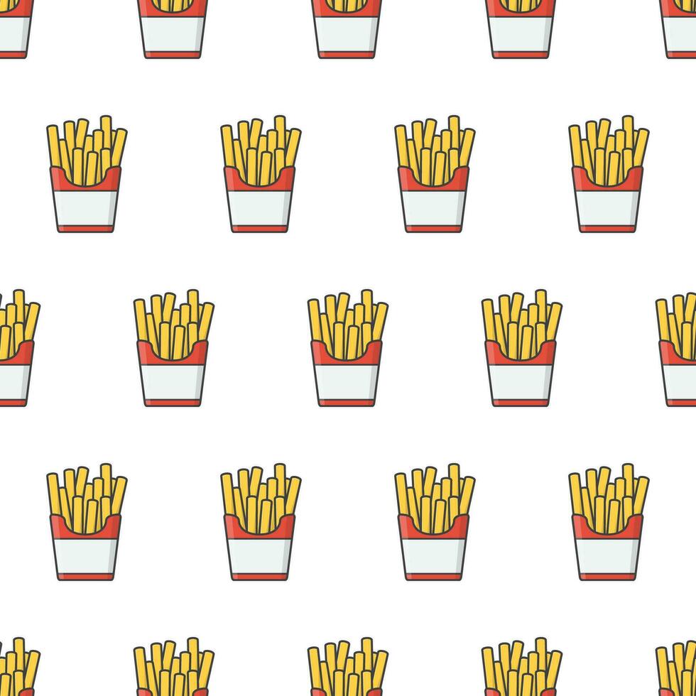 Fast Food Seamless Pattern On A White Background. French Fries In Paper Box Theme Vector Illustration
