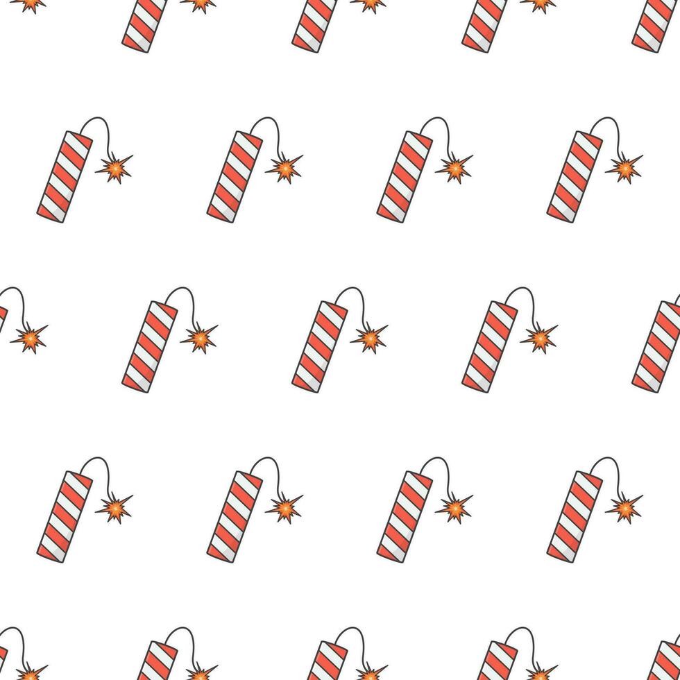 Firecracker Seamless Pattern On A White Background. Sparkler Theme Vector Illustration