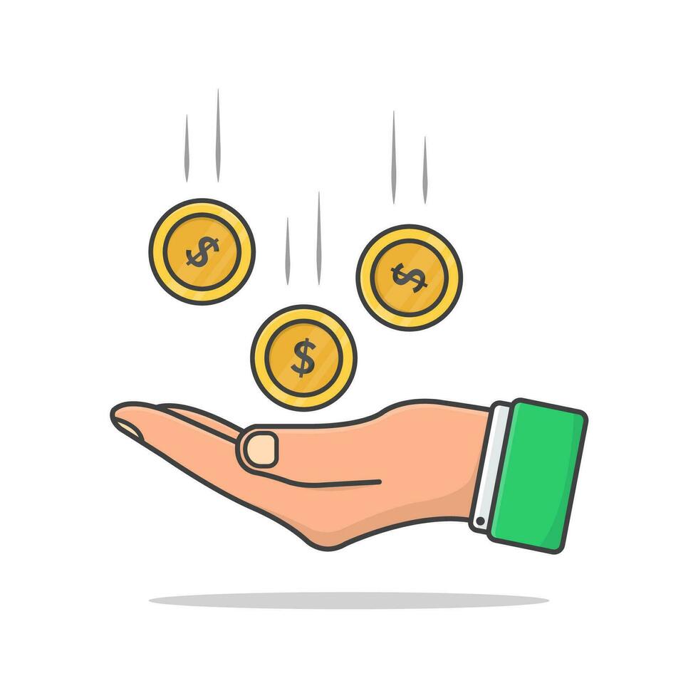 Money Coins Falling To Hand Vector Icon Illustration. Hand And Falling Money Flat Icon