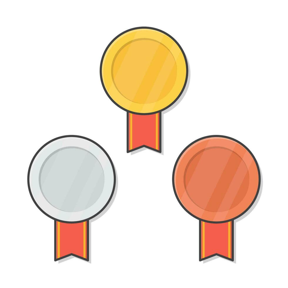 Gold, Silver, And Bronze Medals With Red Ribbon Illustration. 1st, 2nd, 3rd Place Badges Flat Icon vector
