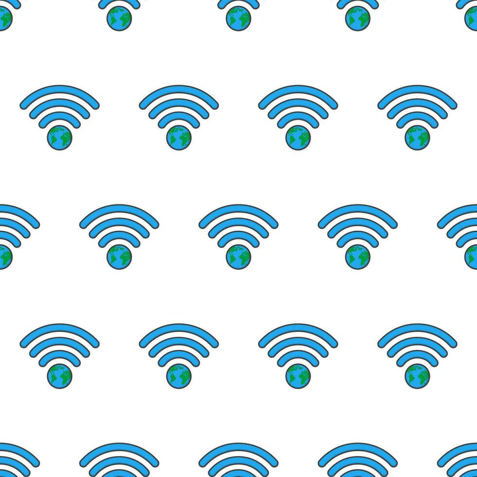 Earth Wifi Signal Seamless Pattern On A White Background. Global Network Theme Vector Illustration