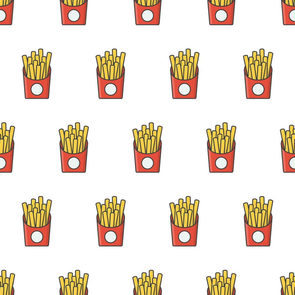 French Fries In Paper Box Seamless Pattern On A White Background. Fast Food Theme Vector Illustration