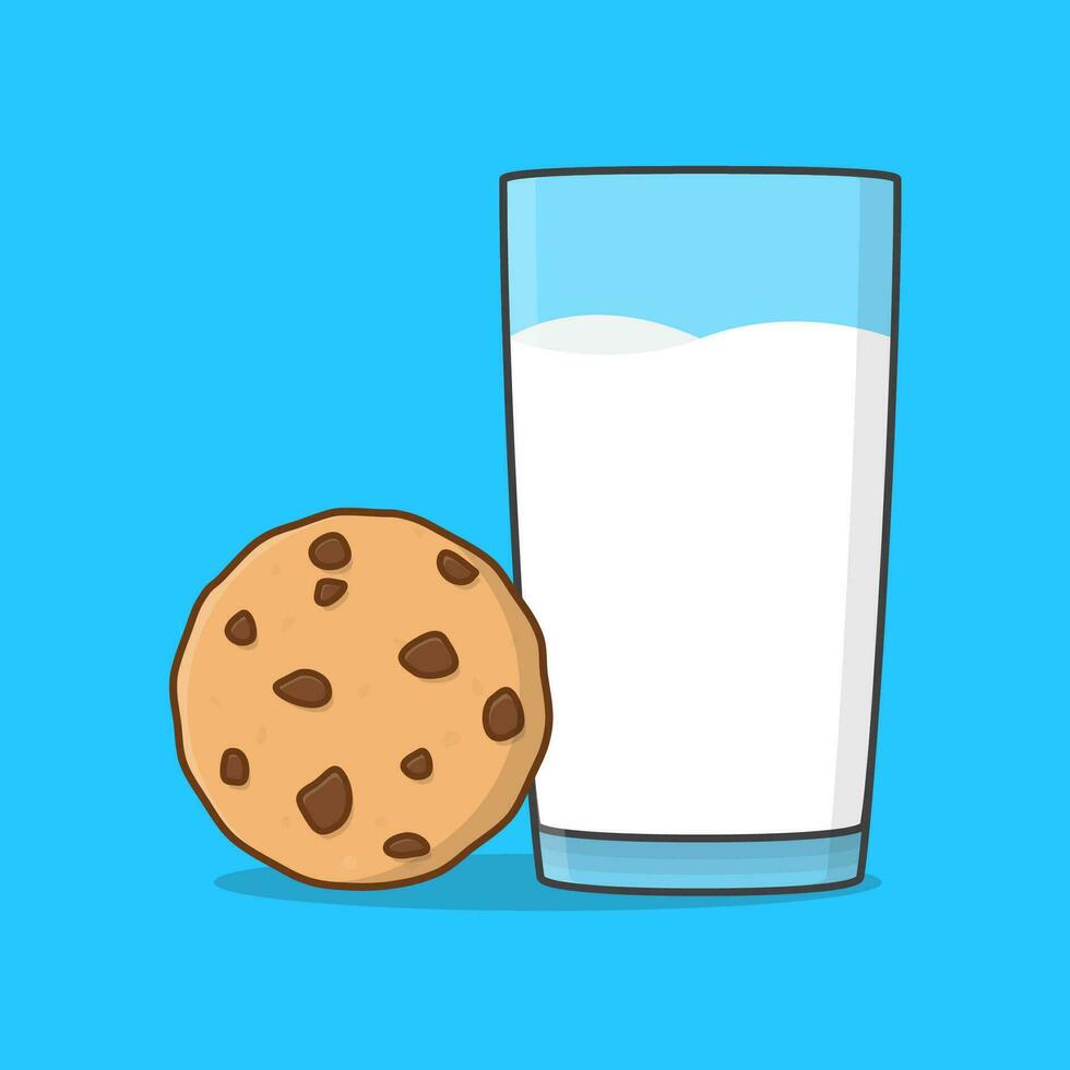 Milk And Chocolate Chip Cookie Vector Icon Illustration. Cookie With Glass Of Milk Flat Icon