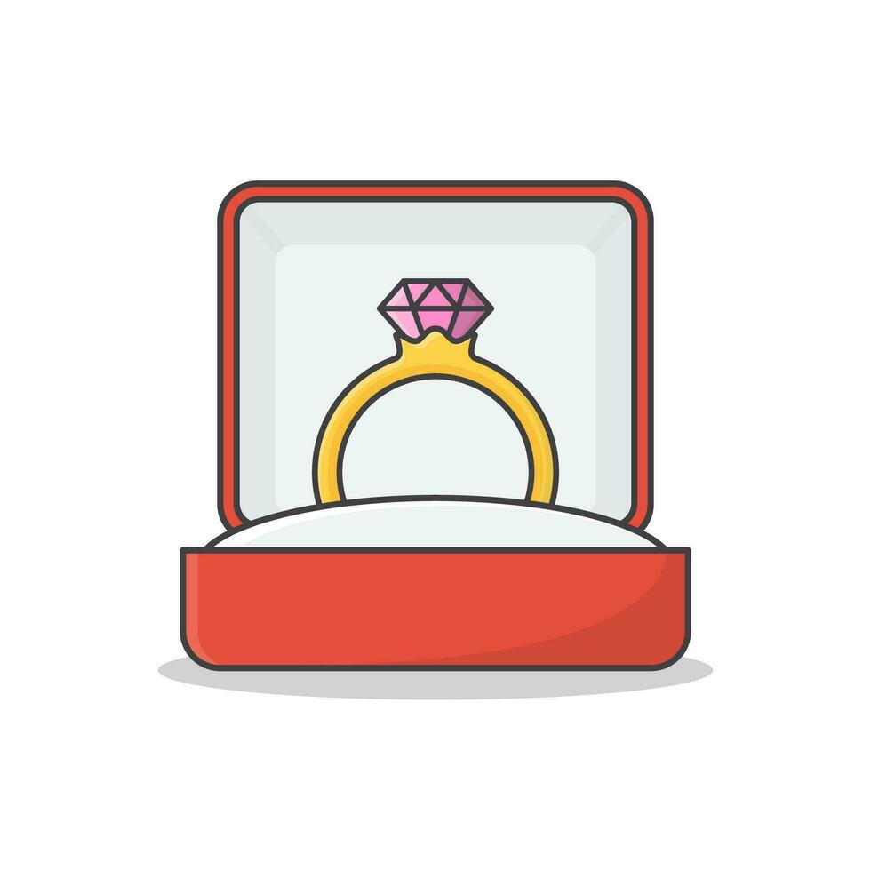Diamond Engagement Ring In Box Vector Icon Illustration. Wedding Golden Ring In A Gift Box Flat Icon