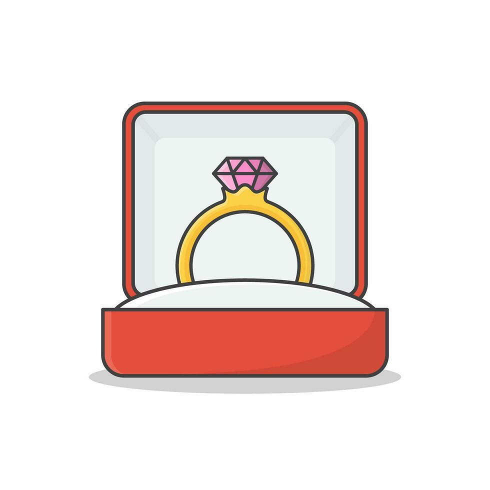 diamante compromiso anillo en caja vector icono ilustración. Boda dorado anillo en un regalo caja plano icono