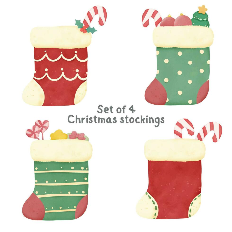 Set of Christmas stockings watercolor element. Watercolor hand draw. greetings in happy season vector