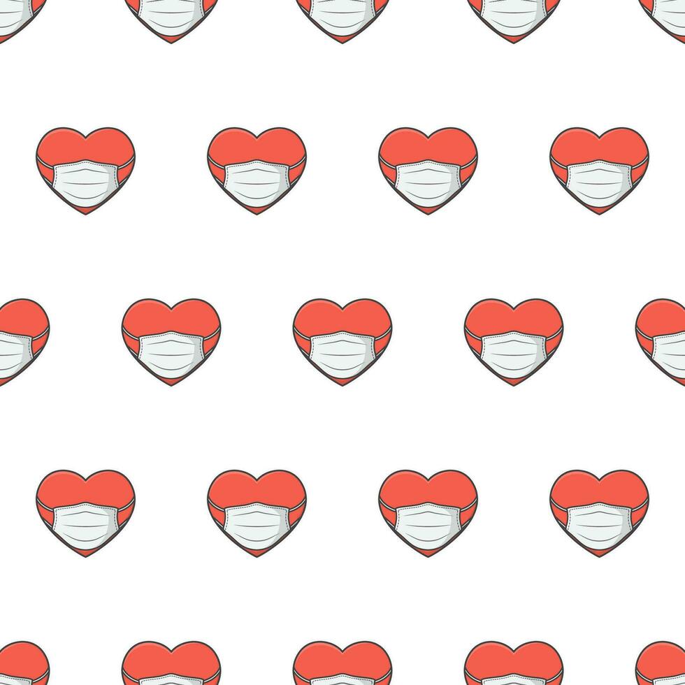 Heart In Medical Mask Seamless Pattern On A White Background. Health Care Theme Vector Illustration