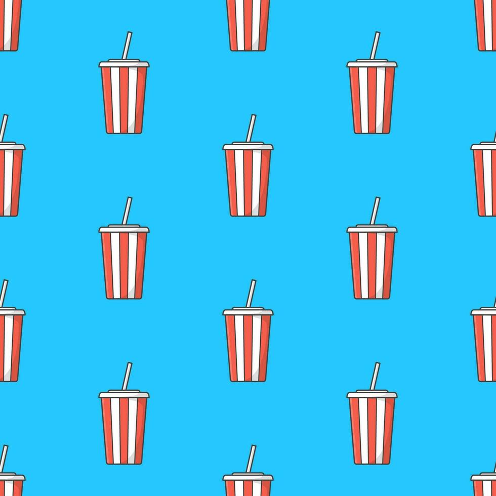 Soda Cup Seamless Pattern On A Blue Background. Soda Theme Vector Illustration