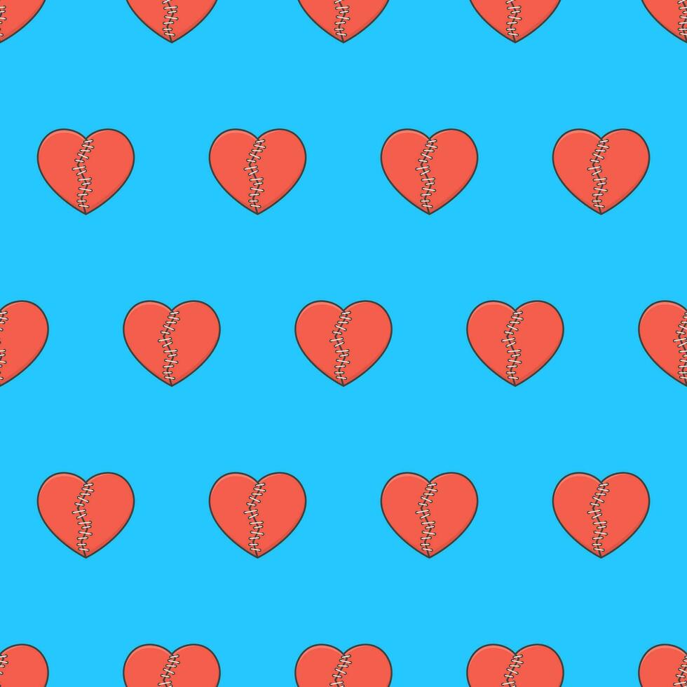 Broken Heart With Patches Seamless Pattern On A Blue Background. Broken Heart Theme Vector Illustration