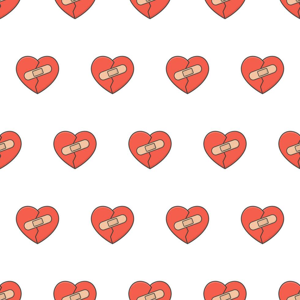 Broken Heart With Patches Seamless Pattern On A White Background. Romance Theme Vector Illustration