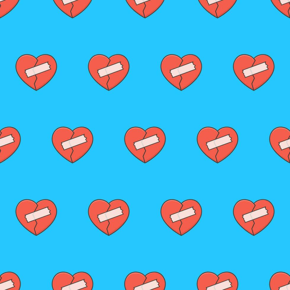 Broken Heart With Patches Seamless Pattern On A Blue Background. Romance Theme Vector Illustration