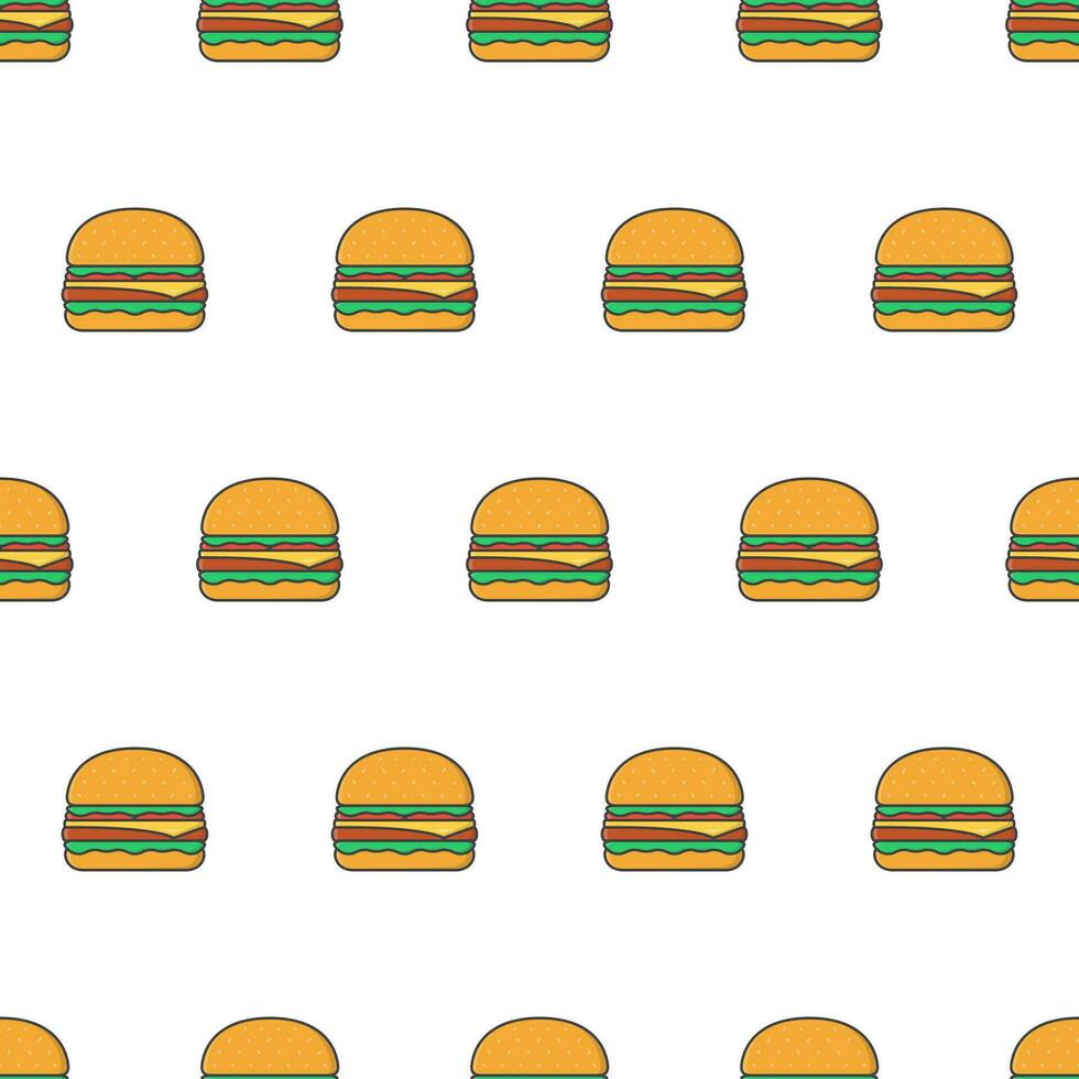 Burger Seamless Pattern On A White Background. Delicious Burger Theme Vector Illustration