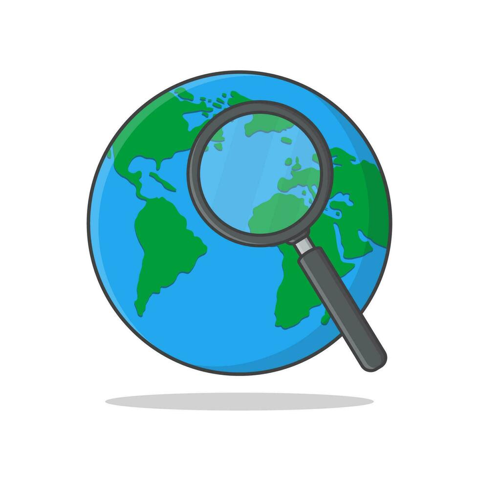 Earth With Magnifying Glass Vector Icon Illustration. World Globe And A Magnifying Glass Flat Icon