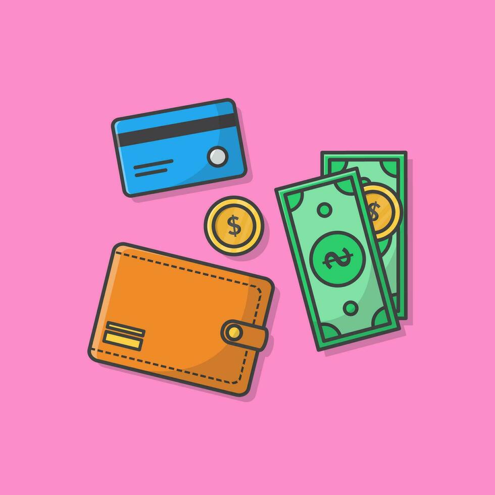 Wallet With Cash Money And Credit Cards Vector Icon Illustration. Business Object Icons Set
