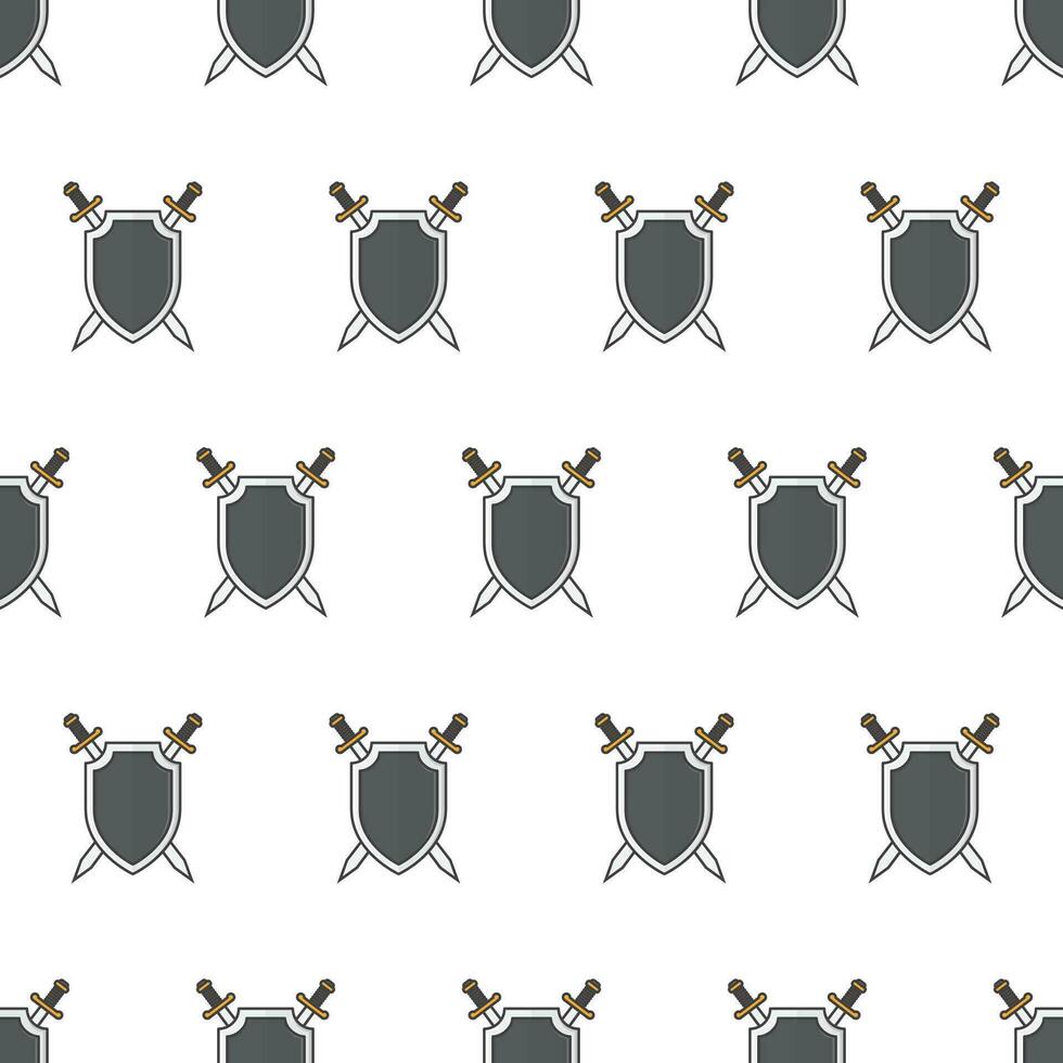 Shield And Sword Seamless Pattern On A White Background. Battle Theme Vector Illustration