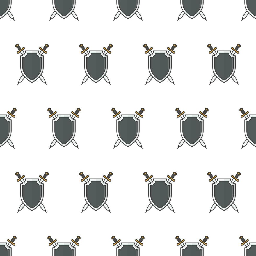 Shield And Sword Seamless Pattern On A White Background. Battle Theme Vector Illustration