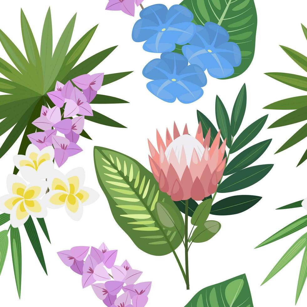 Seamless pattern of hand-drawn tropical flowers and leaves. Vector botanical illustration.