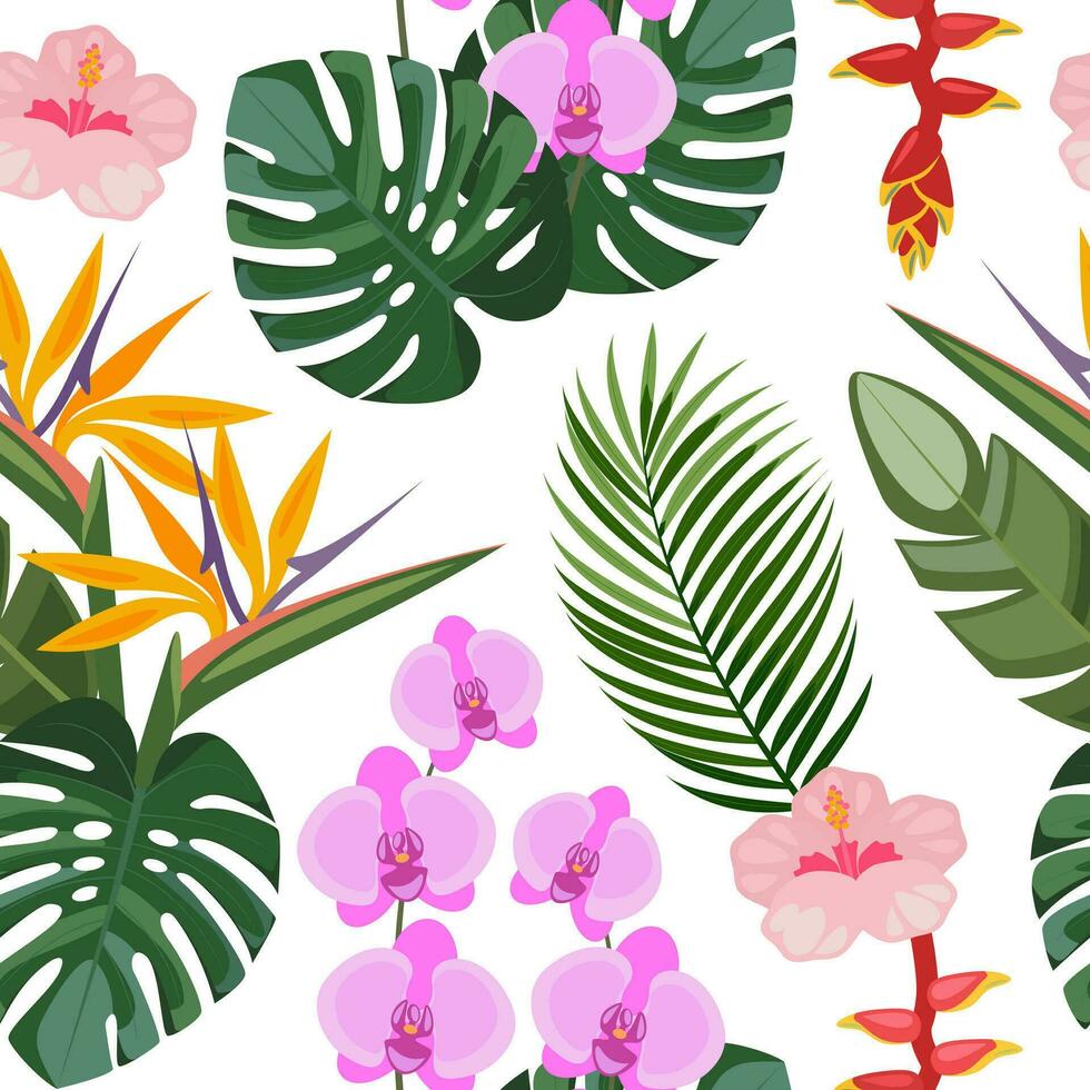 Seamless pattern of hand-drawn tropical flowers and leaves. Vector botanical illustration.