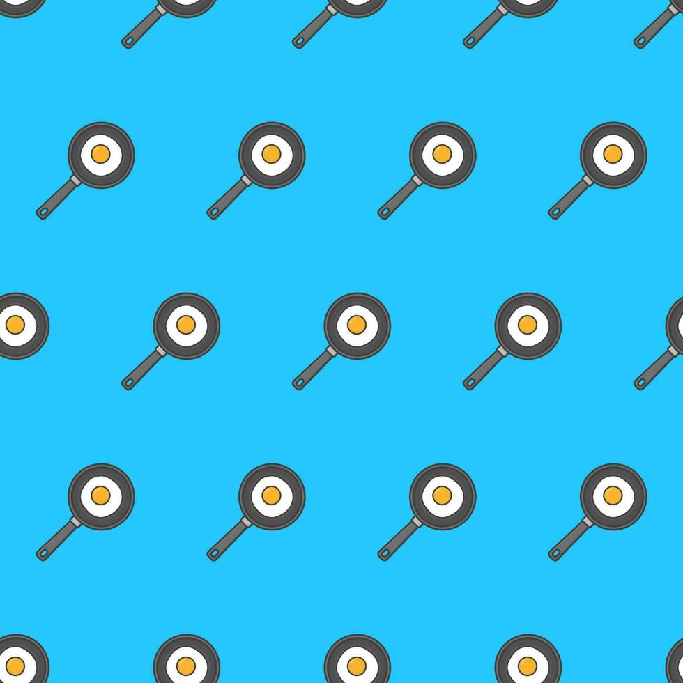 Fried Egg In A Frying Pan Seamless Pattern On A Blue Background. Food Theme Vector Illustration