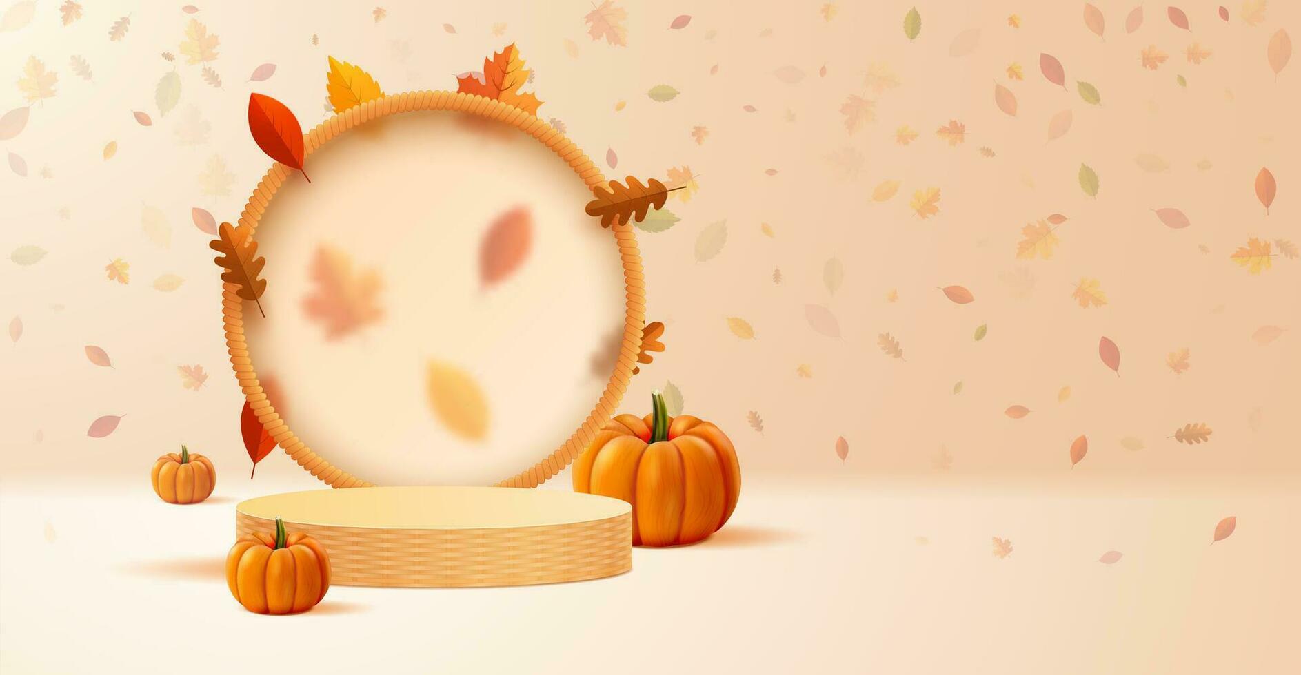 Podium on a background of falling leaves with a round transparent display and pumpkins. vector