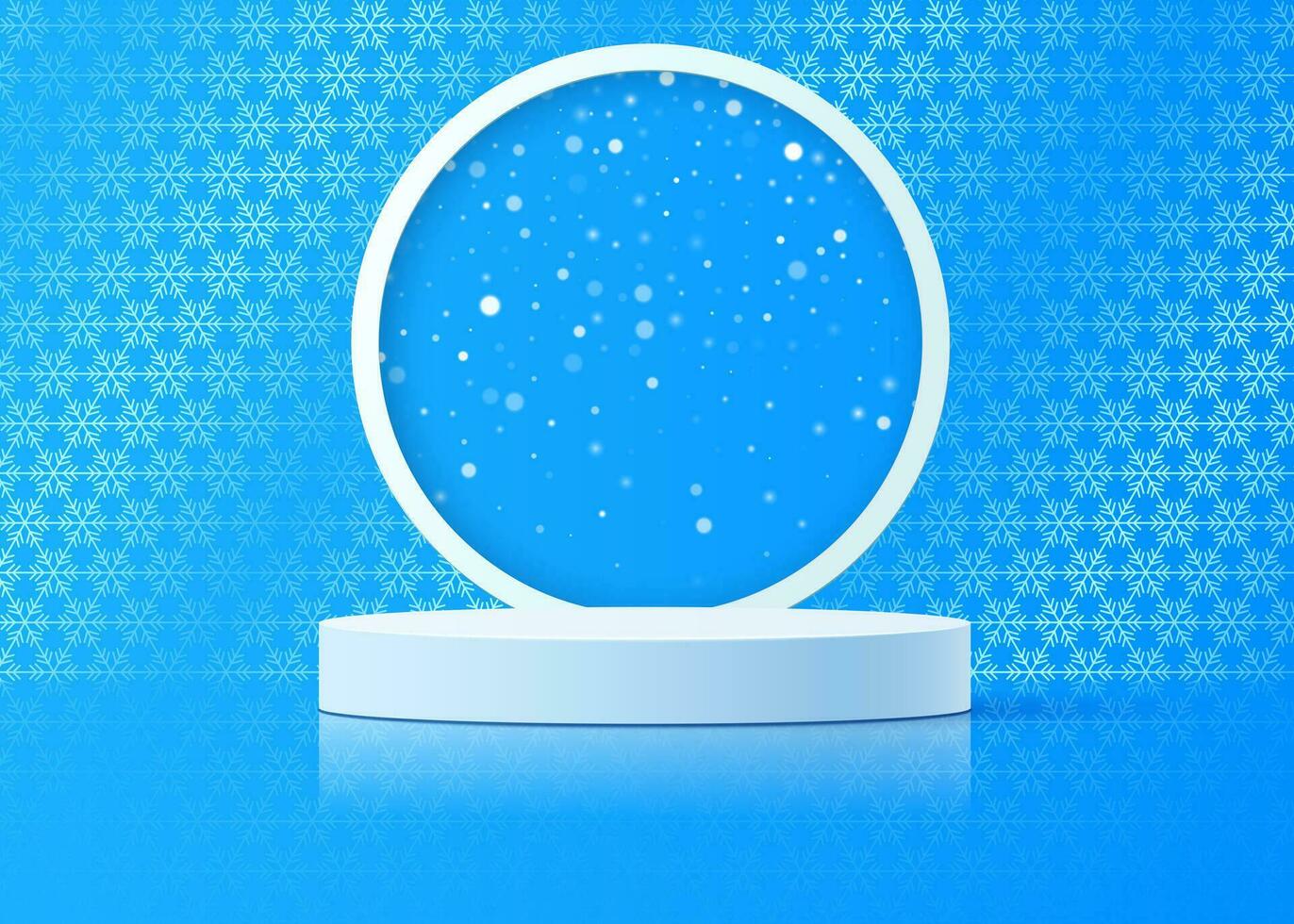 Vector winter round podium on the background of an ornament of snowflakes and a round frame with falling snow.