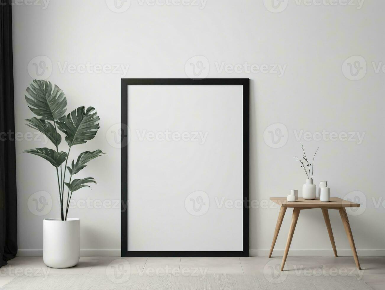 A White Room With A Black Frame And A Potted Plant. AI Generated photo