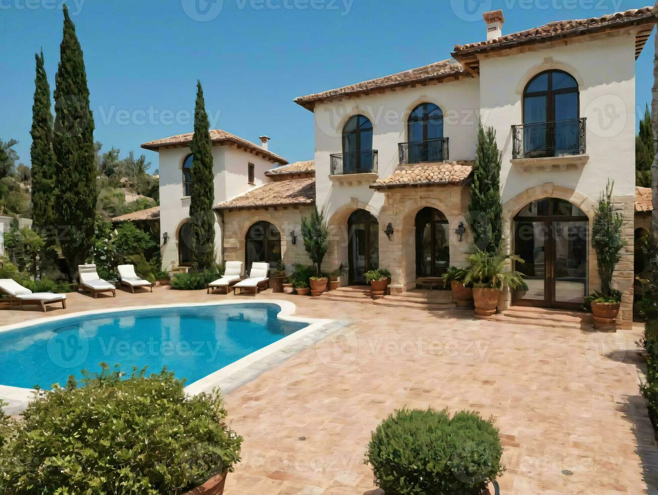 A Large House With A Pool In Front Of It. AI Generated photo